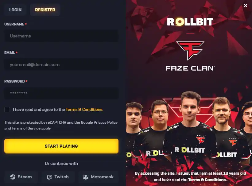 Rollbit account entry interface with brand context and registration controls