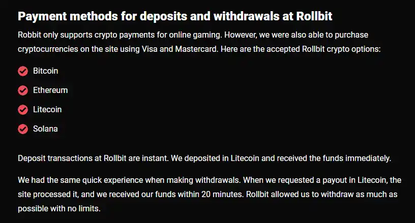 Independent Rollbit payment review showing cryptocurrency and network details