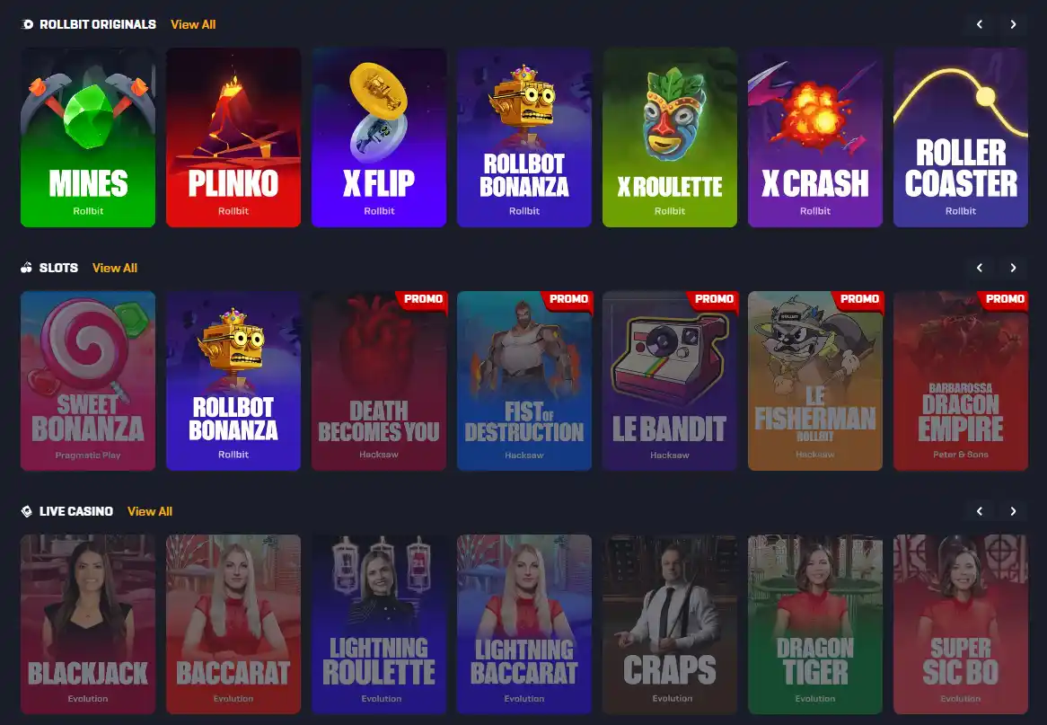 Rollbit casino lobby with navigation and a grid of casino games