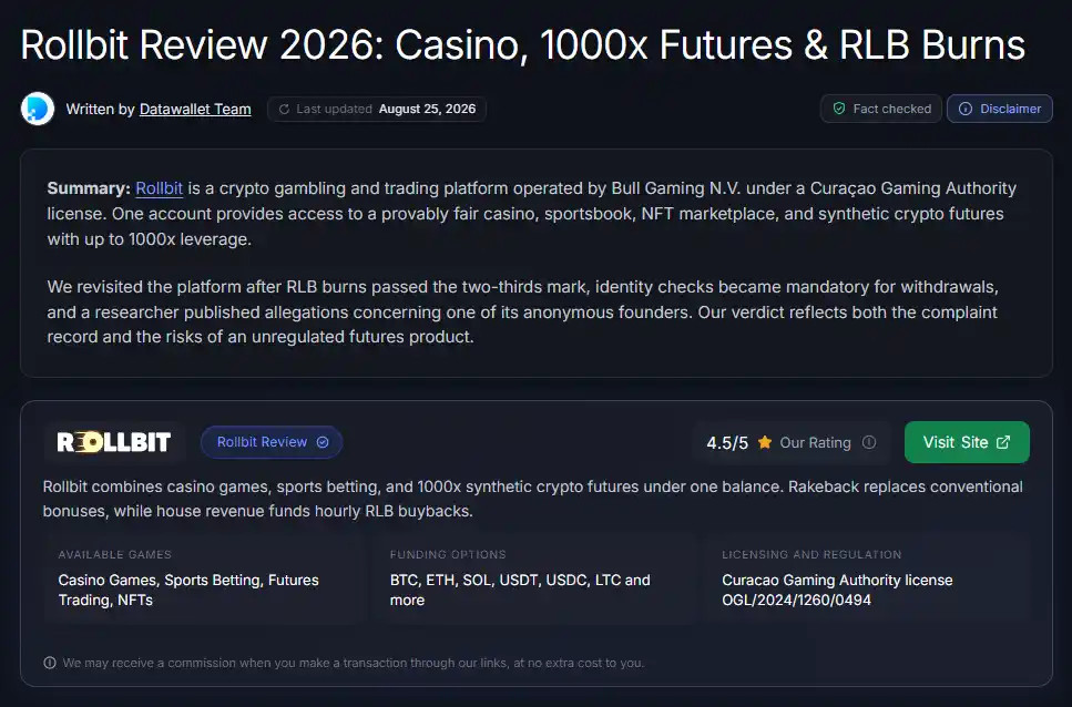 Independent Rollbit review section discussing provably fair originals and seed verification