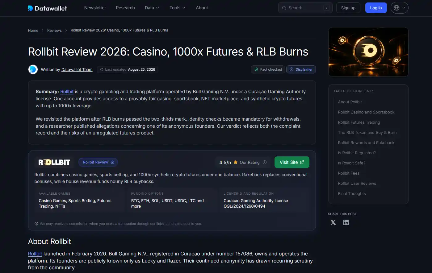 Independent Rollbit review section discussing rakeback and recurring rewards