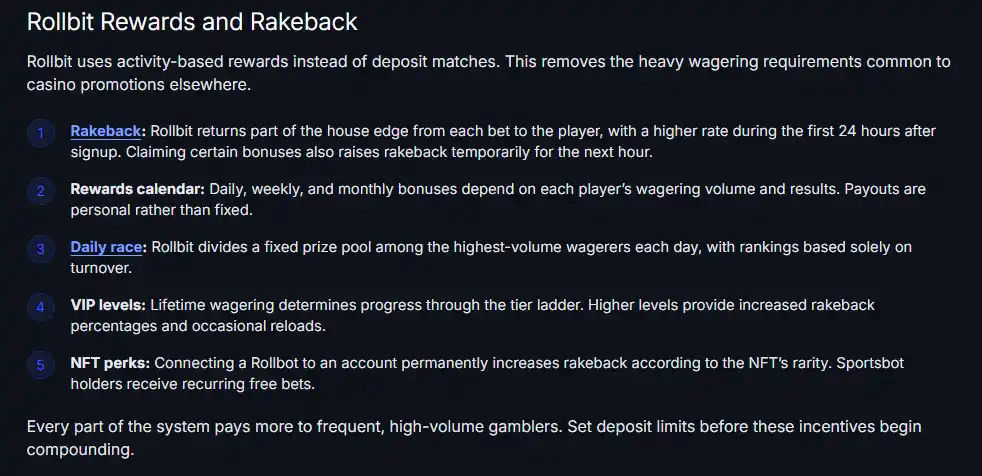Independent Rollbit review section discussing VIP progression, rakeback and reload rewards