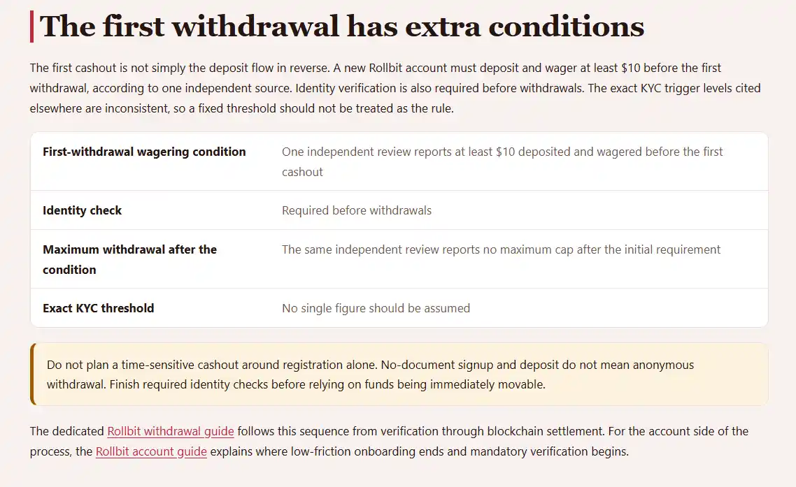 Independent Rollbit review section describing withdrawal conditions and payout handling